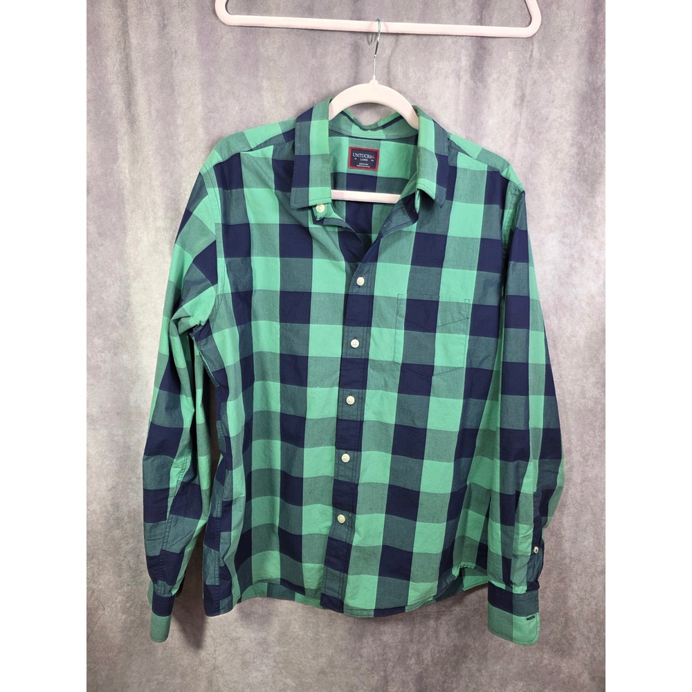 UNTUCKit Mens Large Green Navy Blue Buffalo Plaid Cotton Button Down Shirt